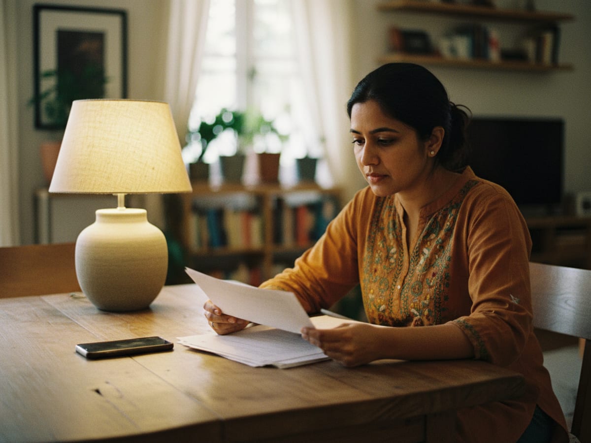 A woman reviewing papers at her dining table with her phone beside her