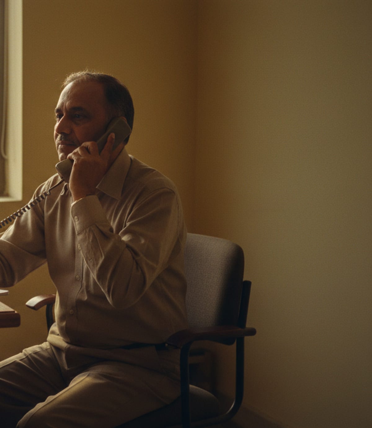 A financial advisor in a modest office talking on a desk phone and taking notes